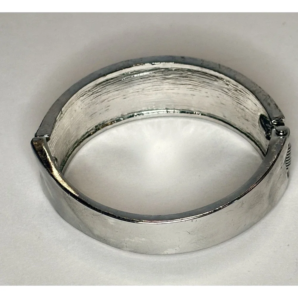 Vintage Silvertone Crystal Wide Hinged Bangle Bracelet